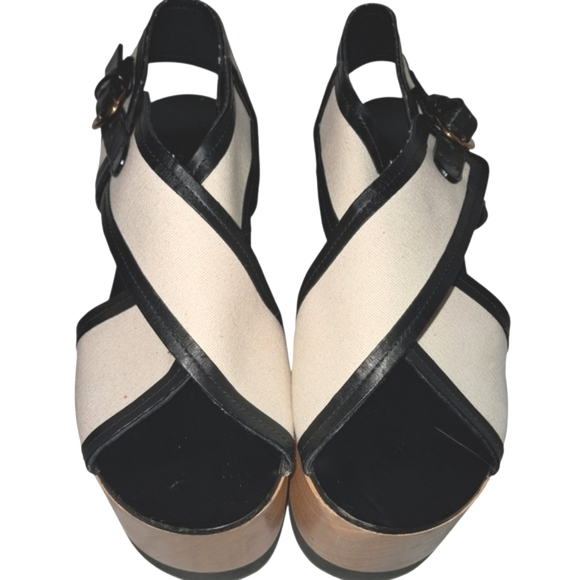 Isabel Marant "Zlova" Wedge EU 40 (9/9.5 US) Black Leather White Cotton Buckles - Picture 3 of 13